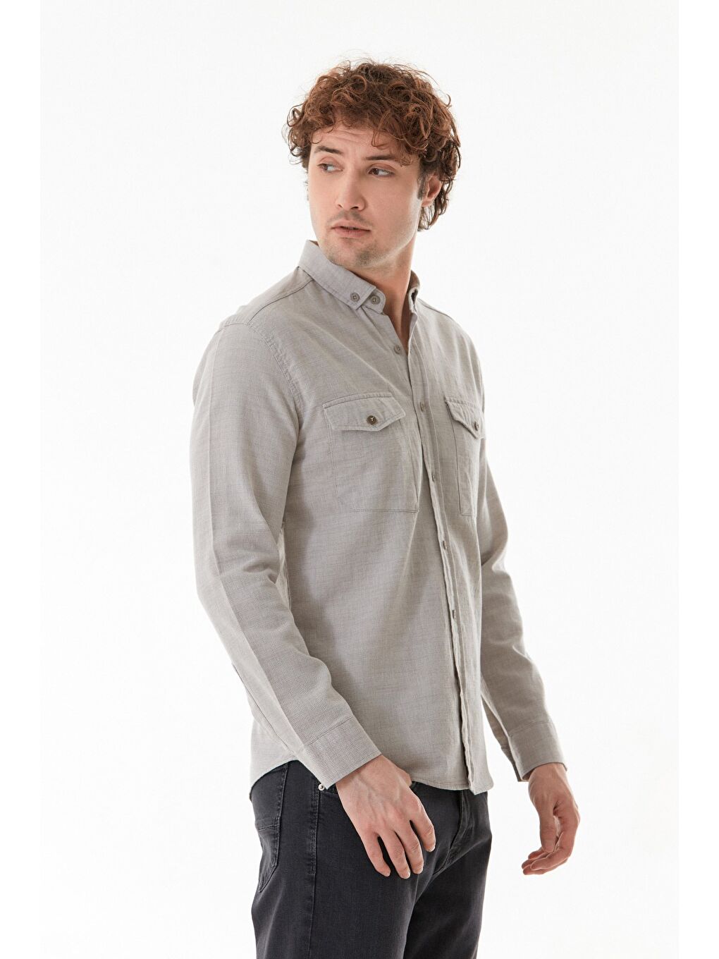 Bej Çift Cepli Düğmeli Gömlek-3