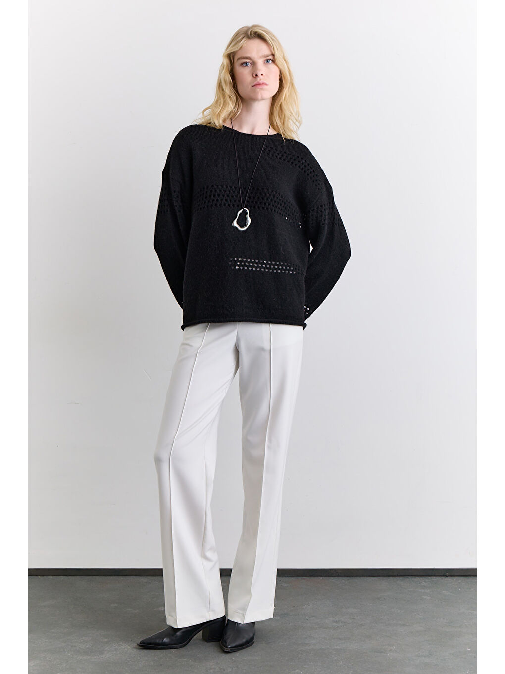 Ajur Örgü Triko Kazak Siyah-4