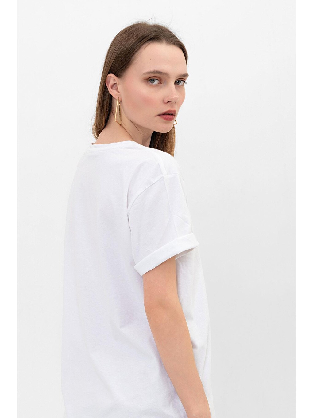 Beyaz Expectation Baskılı Oversize %100 Pamuk Kadın Tişört-6