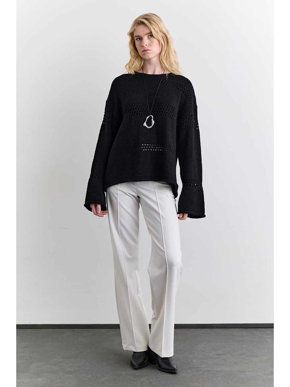 Ajur Örgü Triko Kazak Siyah-5