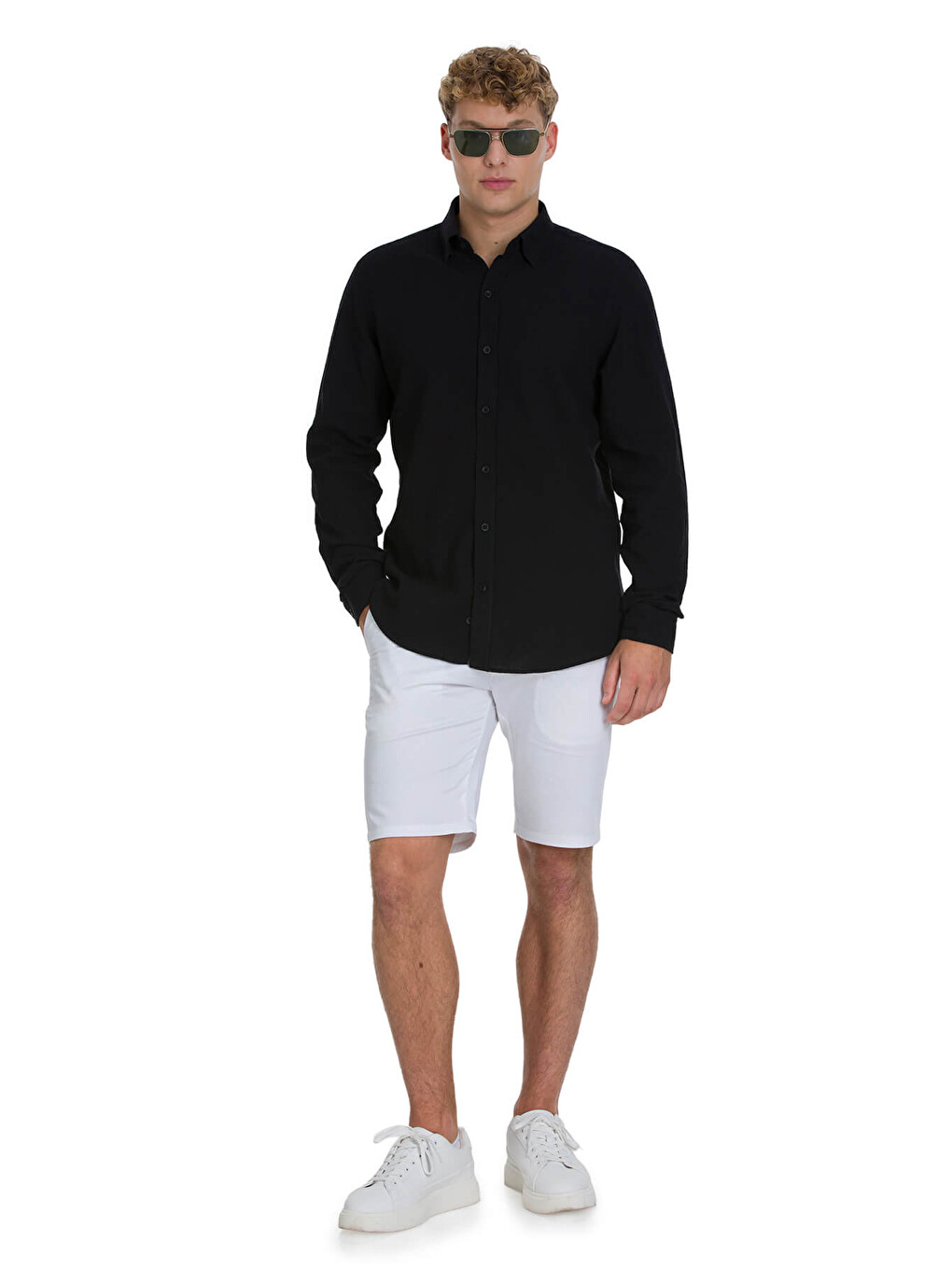 Siyah Comfort Fit Çizgili Düğmeli Yaka 100% Pamuk Uzun Kollu Casual Gömlek-1