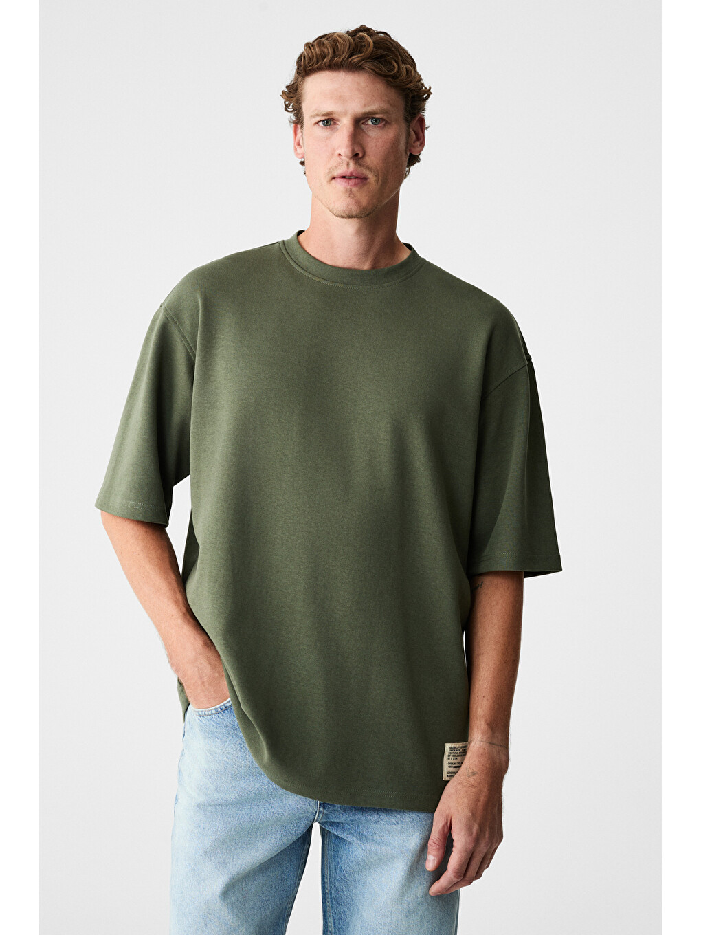 Haki JOEL Erkek %100 Organik Pamuklu Kalın Kumaşlı Özel Dokulu Etiket Detaylı Oversize HAKİ T-Shirt-3
