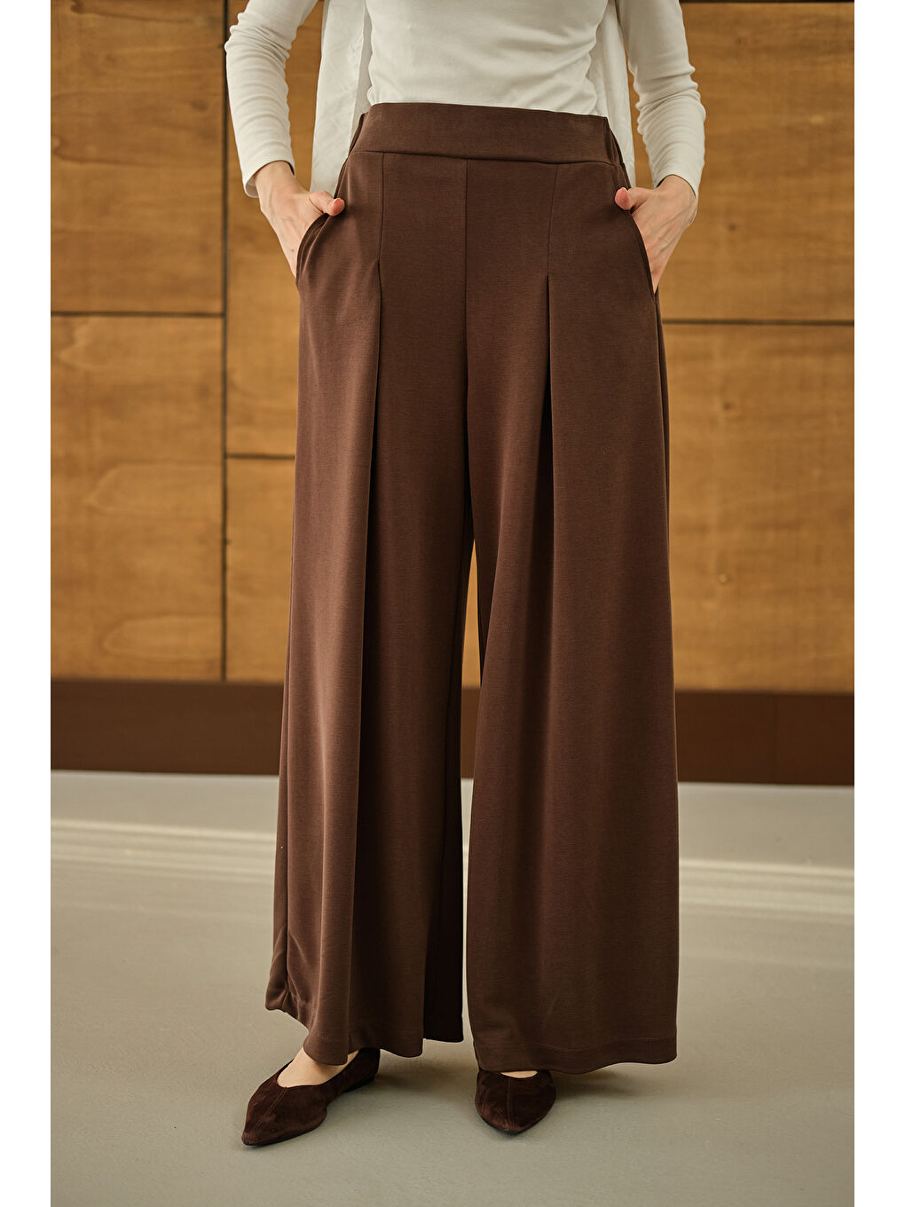 Kadın Bol Paça Pantolon Kahverengi-4