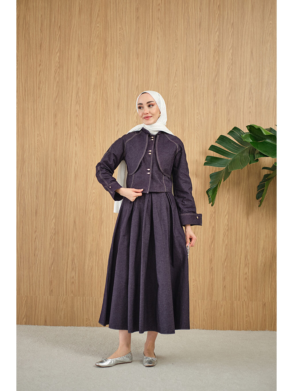 Kadın Pelerin Detay Gold Düğmeli Jean Takım Mürdüm-1