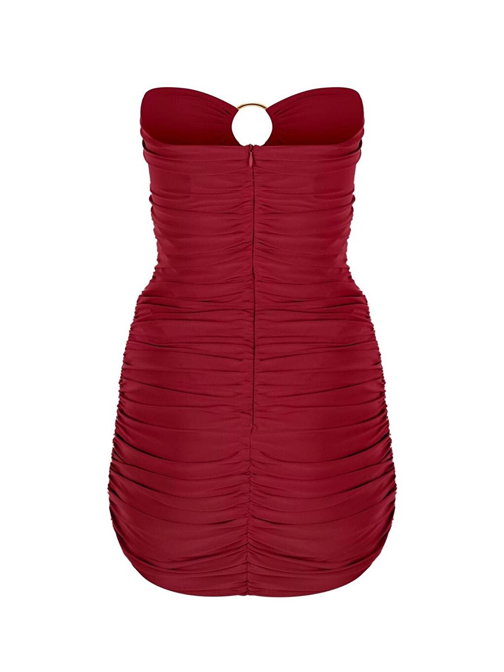 Bordo Göğüsten Altın Rengi Iki Halkalı Büzgü Straplez Drapeli Mini Abiye Elbise-1