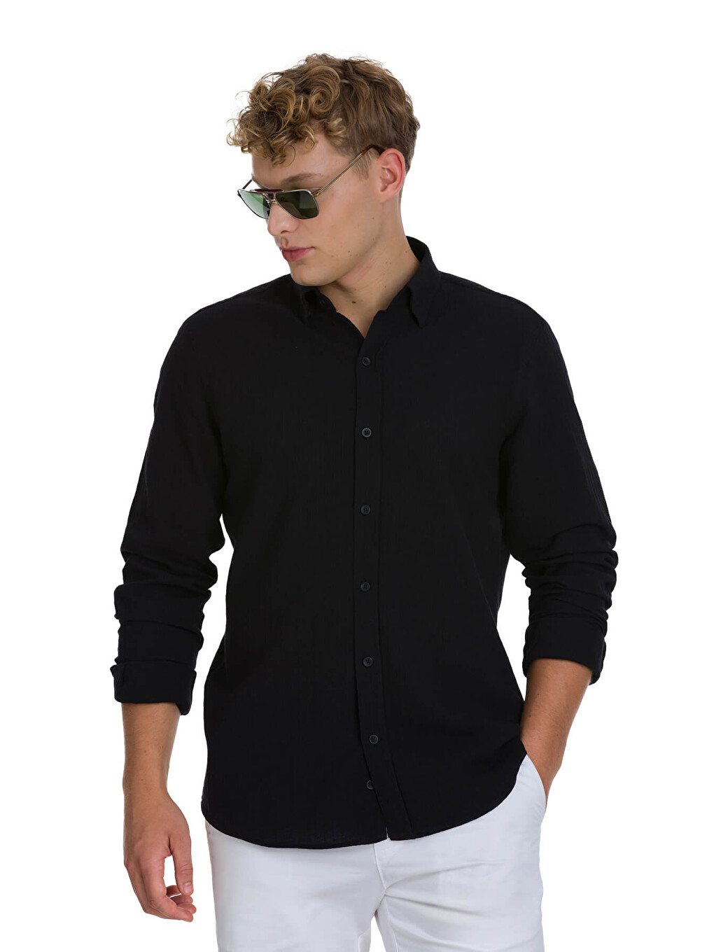 Siyah Comfort Fit Çizgili Düğmeli Yaka 100% Pamuk Uzun Kollu Casual Gömlek-2