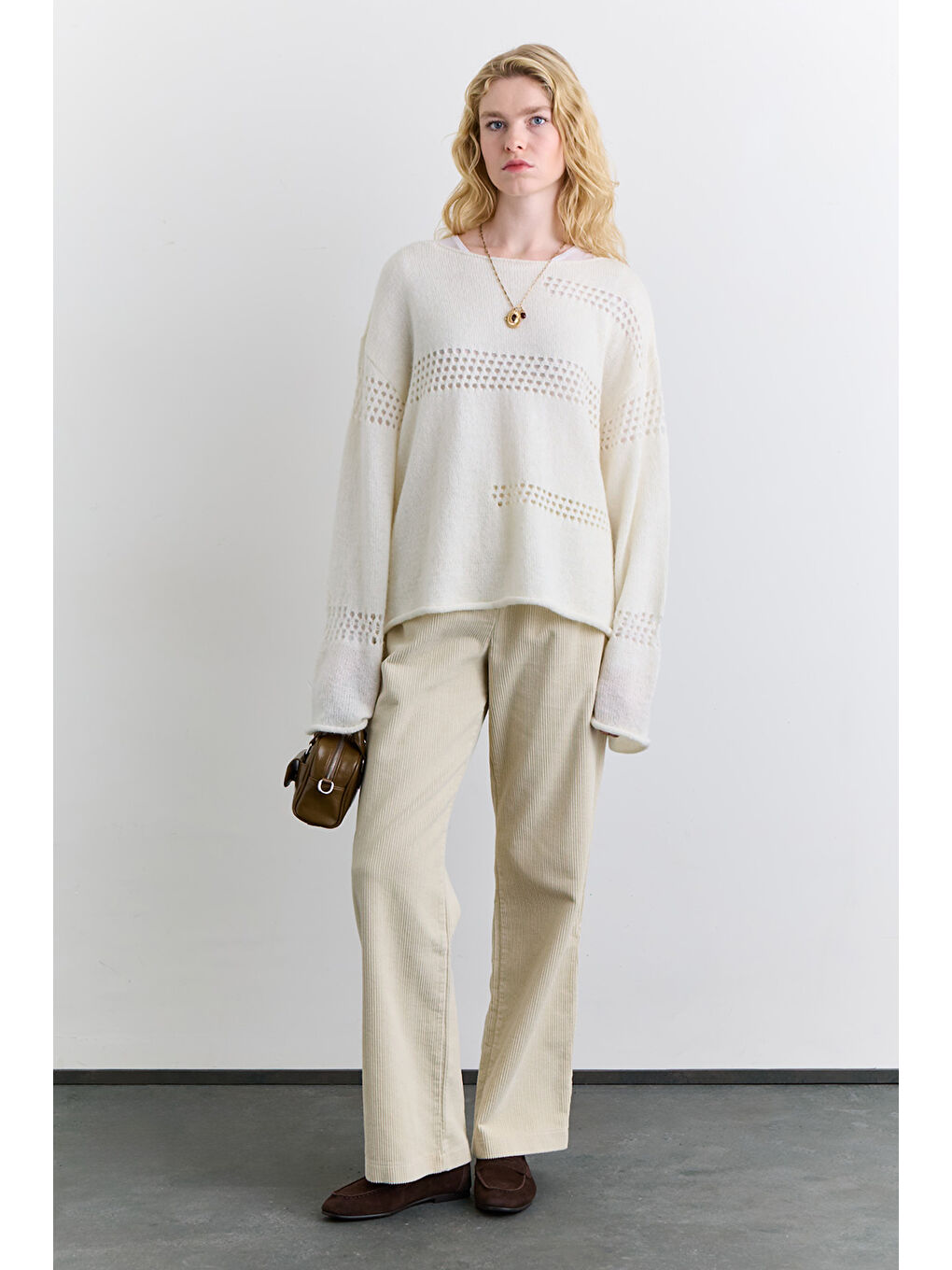 Ajur Örgü Triko Kazak Ekru