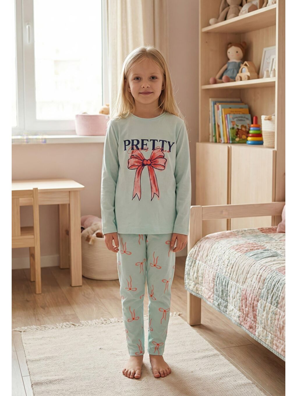 Yeşil Kız Çocuk Uzun Kollu %100 Pamuk Pijama Takımı Pretty Bow