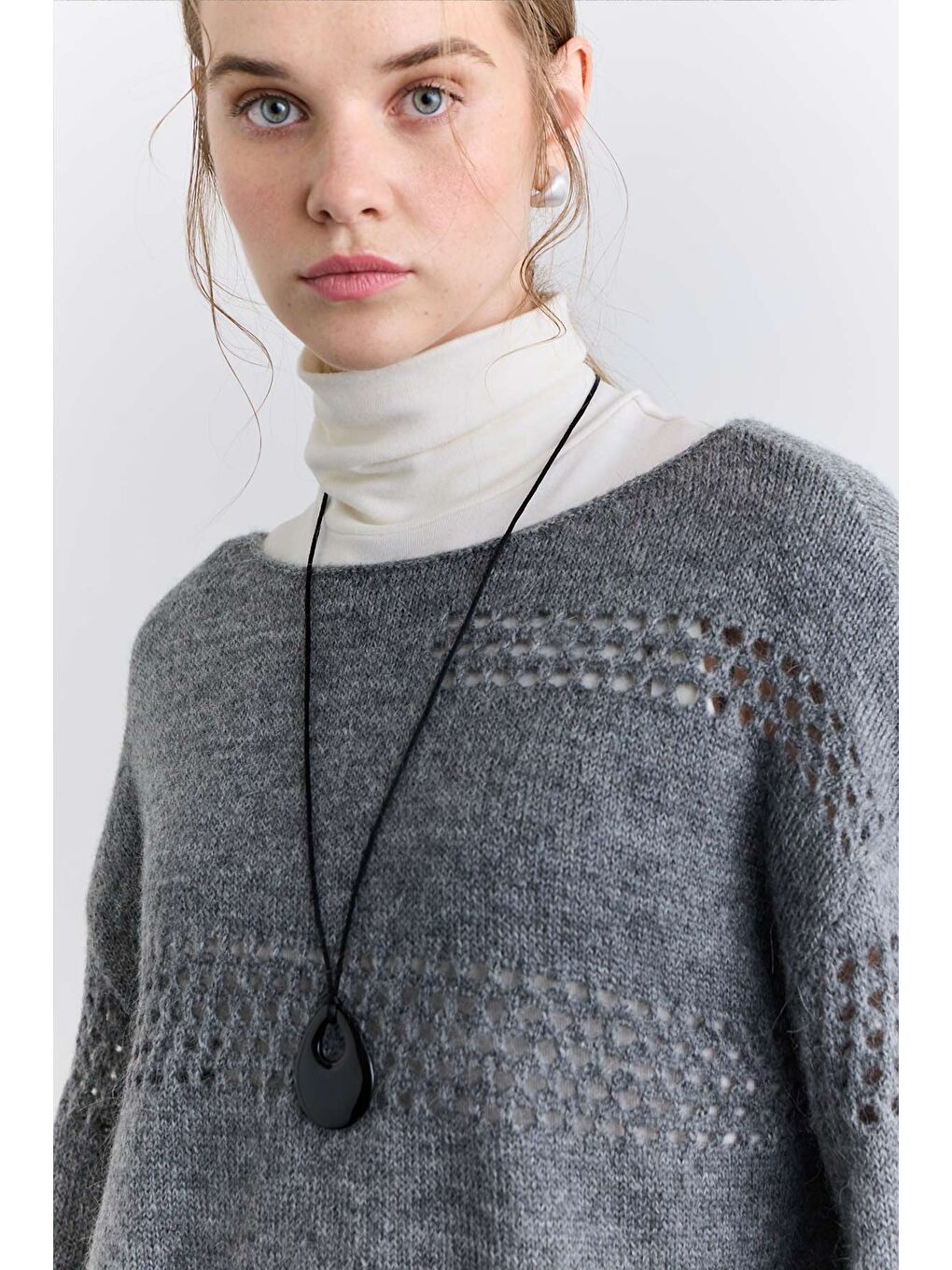 Ajur Örgü Triko Kazak Gri-5