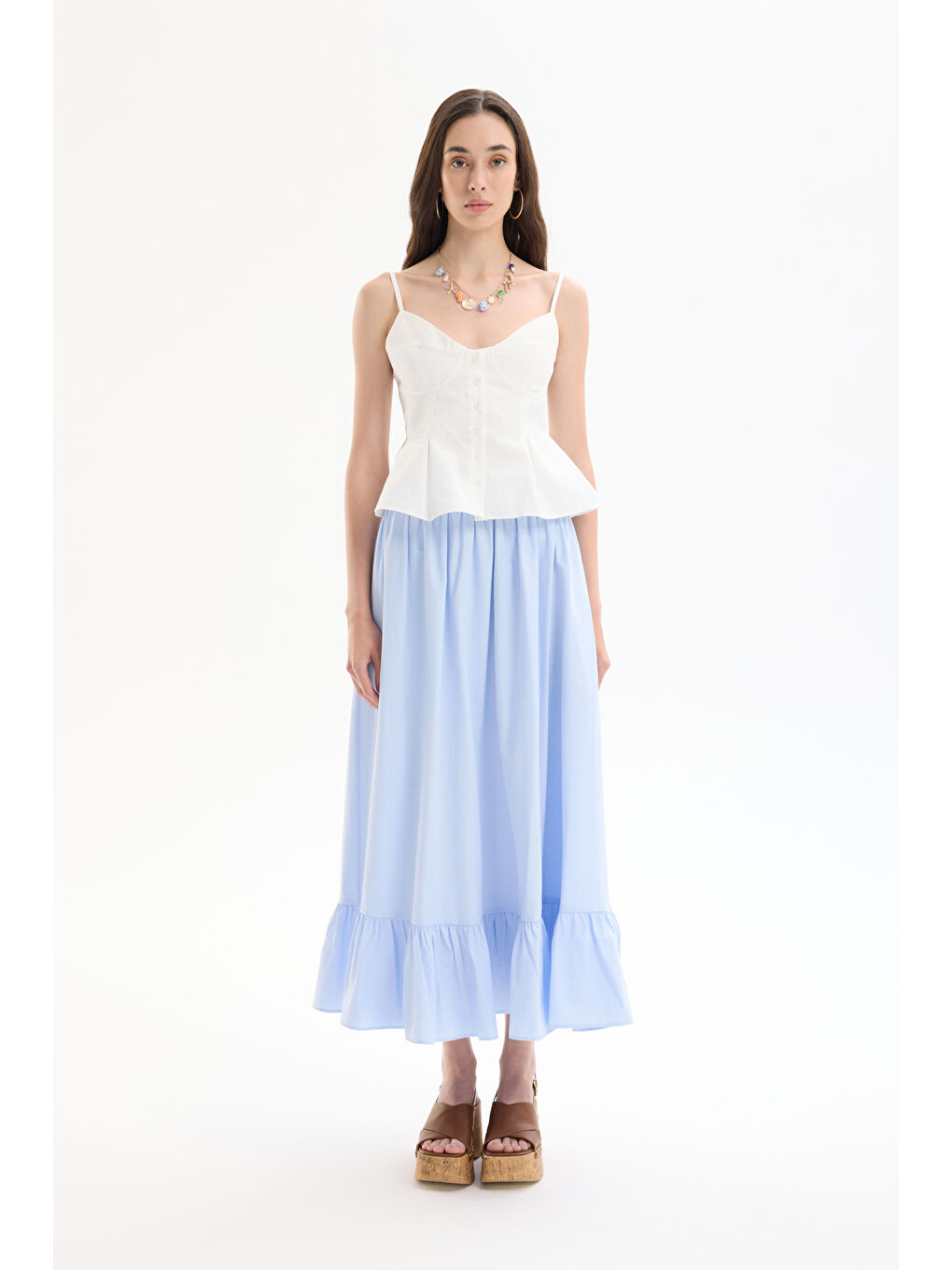 Pile Detaylı Düğmeli İnce Askılı Bluz Ekru-2