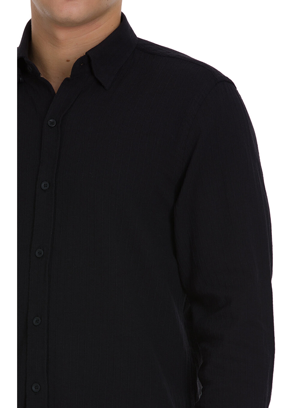 Siyah Comfort Fit Çizgili Düğmeli Yaka 100% Pamuk Uzun Kollu Casual Gömlek-4