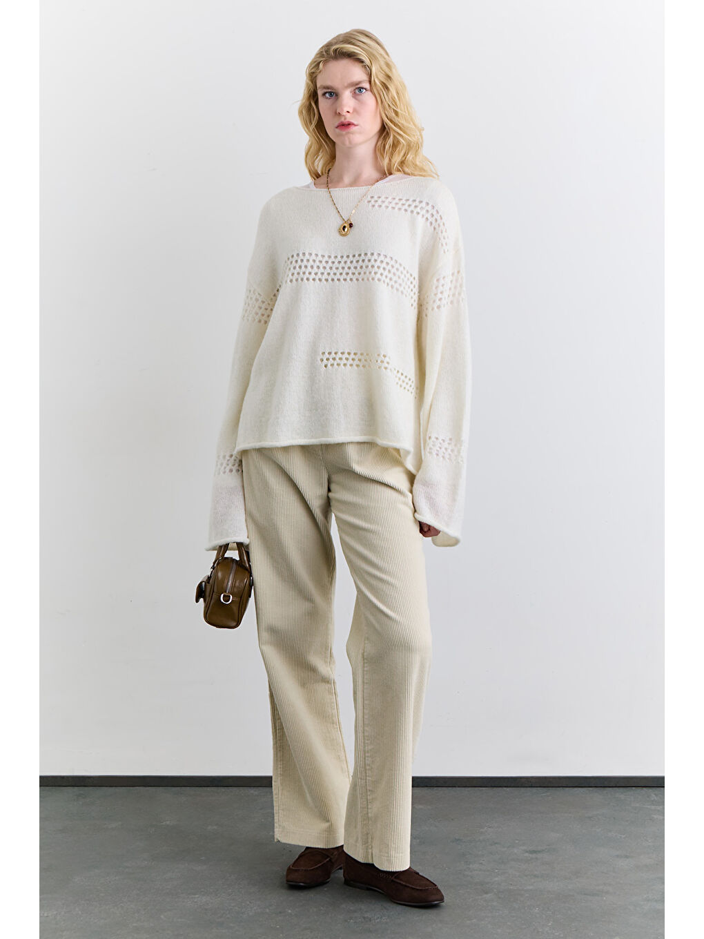 Ajur Örgü Triko Kazak Ekru-1