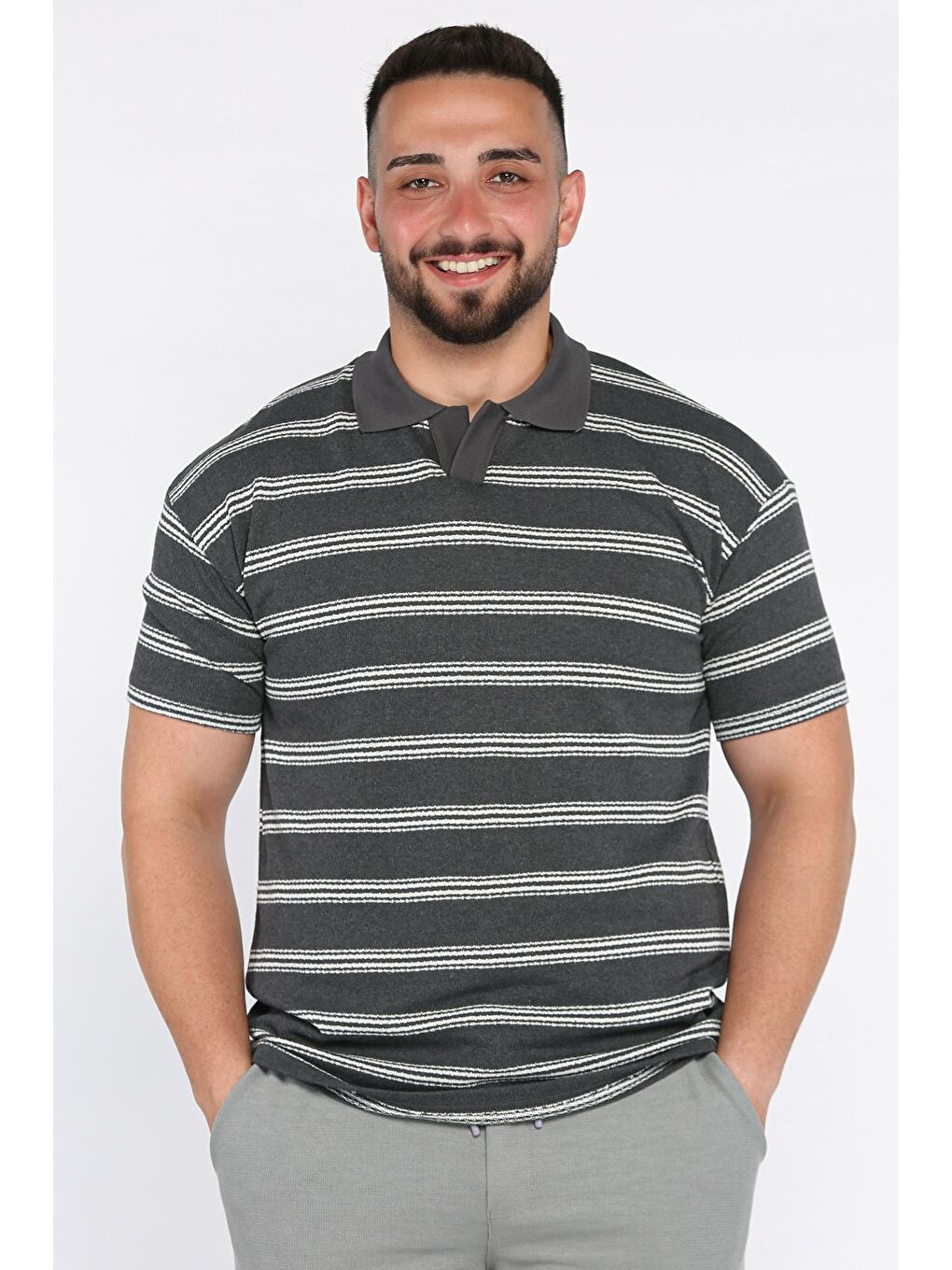Antrasit Polo Yaka Çizgili Erkek Tişört-1