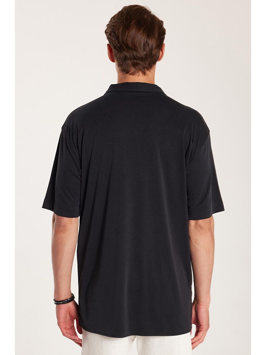 Erkek Relax Fit Modal Kumaş Örme Premium Seri Kısa Kol Apaş Yaka Lacivert Gömlek-4