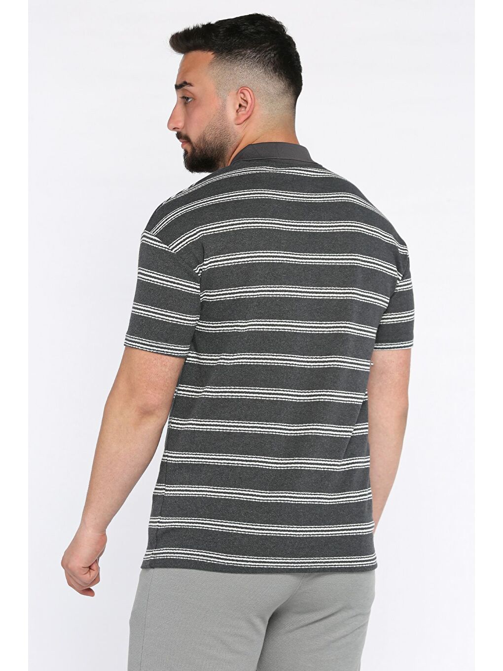 Antrasit Polo Yaka Çizgili Erkek Tişört-2