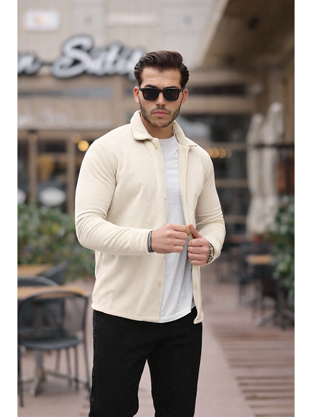 Erkek Basic Uzun Kol Dar Pamuklu Ekru Polar Gömlek