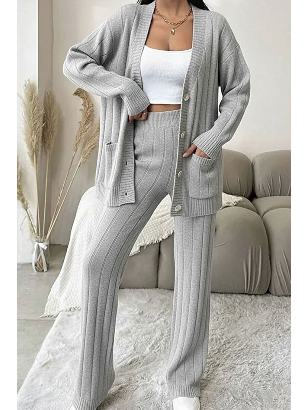 Gri Kadın Ön Düğmeli Kendinden Çizgi Desenli Triko Hırka Pantolon İkili Takım-2