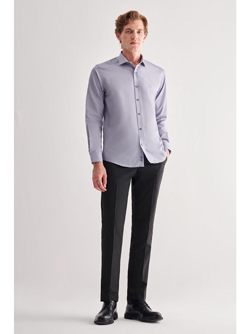 Koyu Gri Yarım İtalyan Yaka Uzun Kol Slim Fit Pamuklu Gömlek 1004255180-1