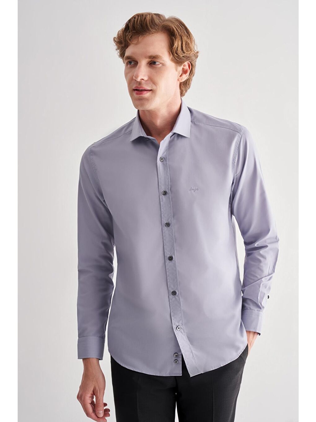 Koyu Gri Yarım İtalyan Yaka Uzun Kol Slim Fit Pamuklu Gömlek 1004255180-2