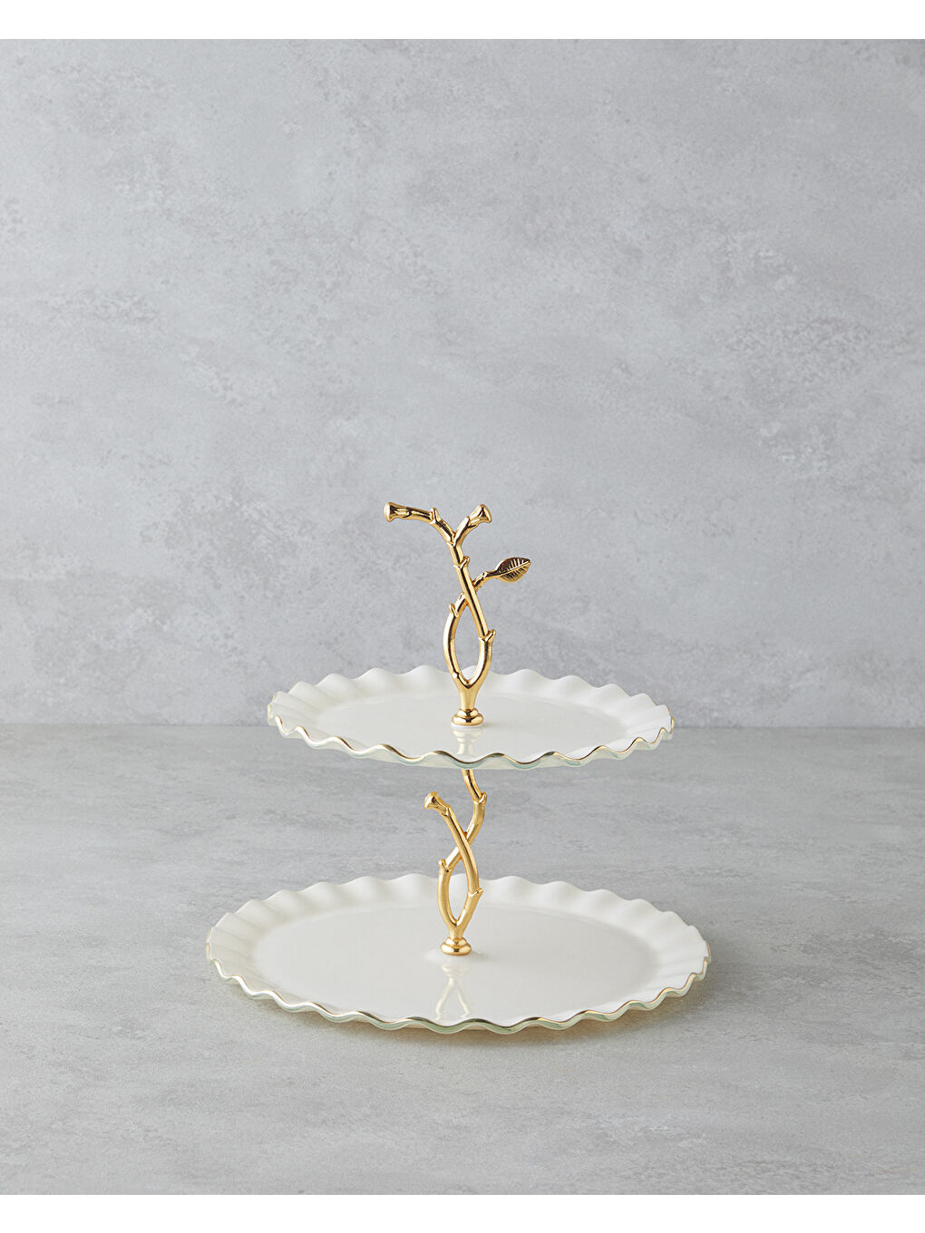 Sarı Lustre Cam Katlı Servis 20+26 cm Krem-Gold