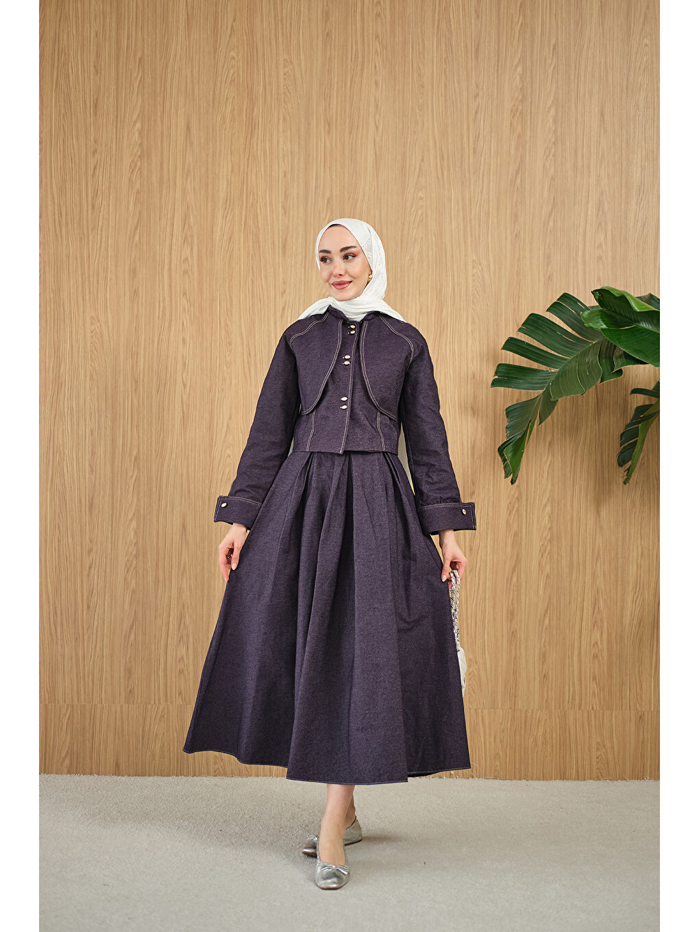 Kadın Pelerin Detay Gold Düğmeli Jean Takım Mürdüm-2