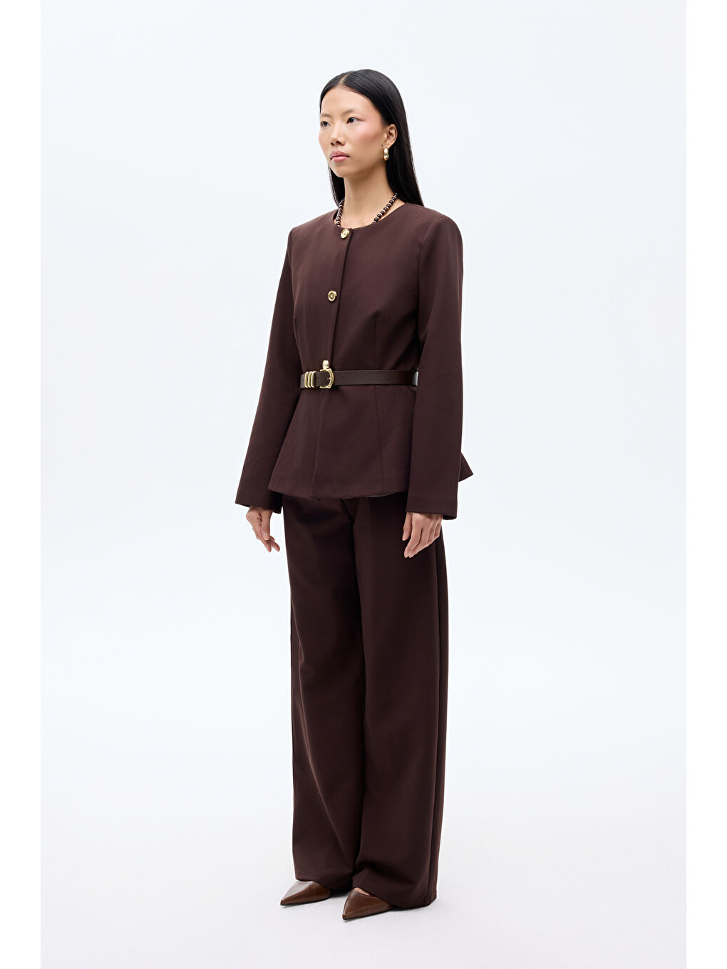 Kahverengi Kemer Aksesuarlı Yuvarlak Yaka Ceket Koyu Kahve-3