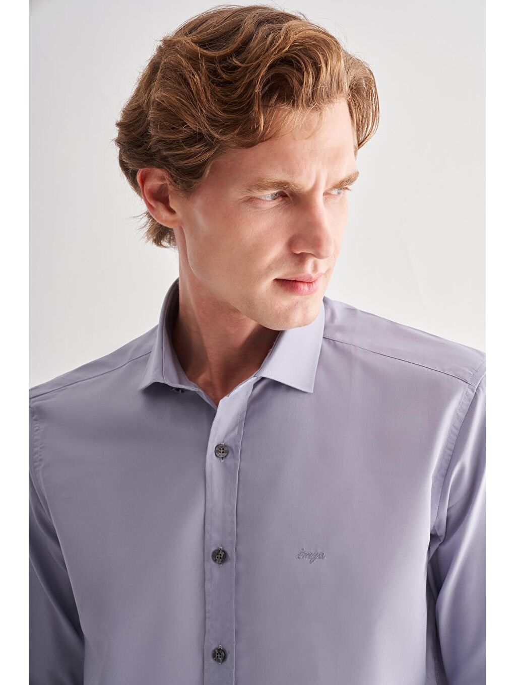 Koyu Gri Yarım İtalyan Yaka Uzun Kol Slim Fit Pamuklu Gömlek 1004255180-3