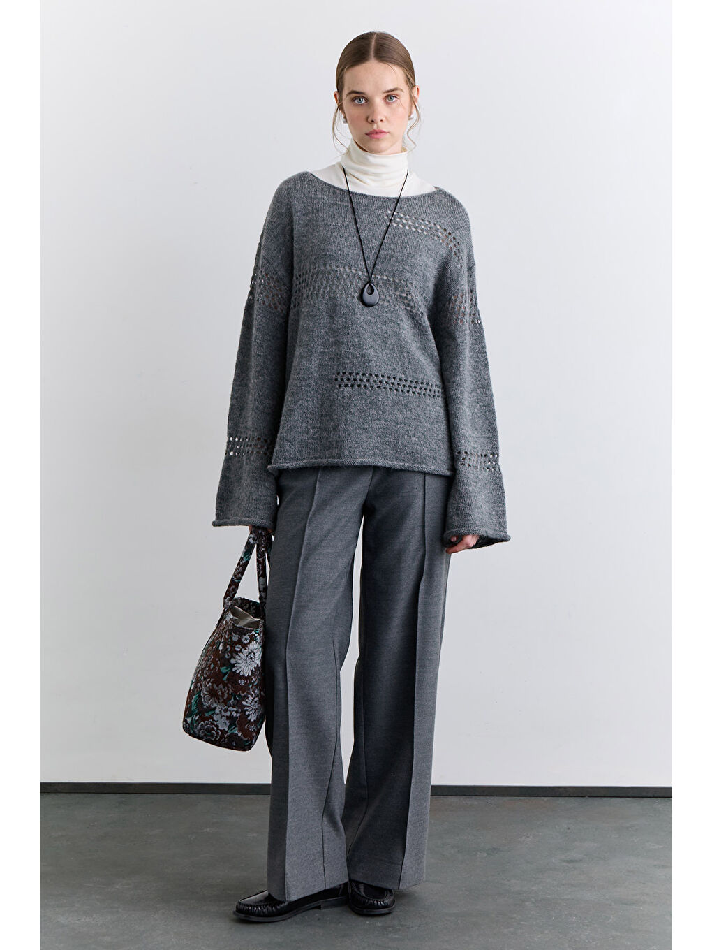 Ajur Örgü Triko Kazak Gri-1