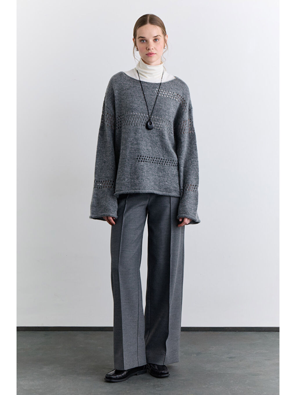 Ajur Örgü Triko Kazak Gri-2