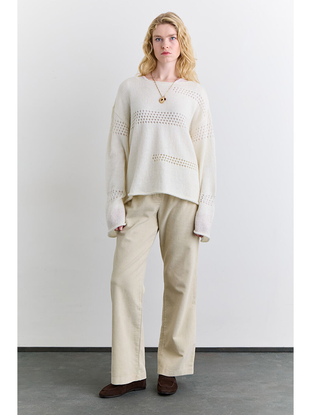 Ajur Örgü Triko Kazak Ekru-3