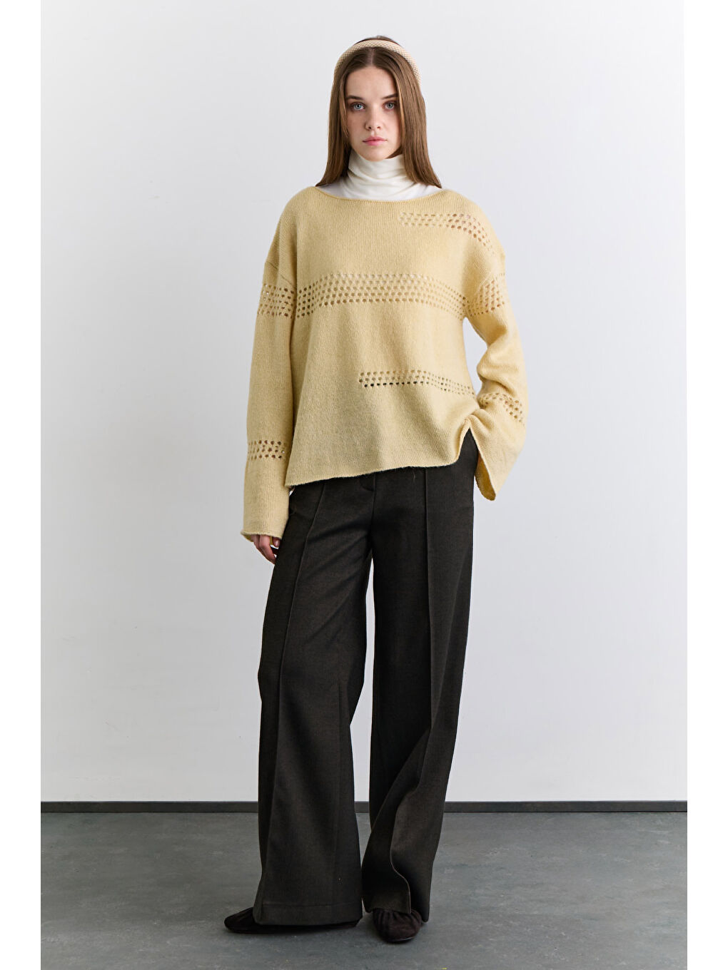 Ajur Örgü Triko Kazak Sarı