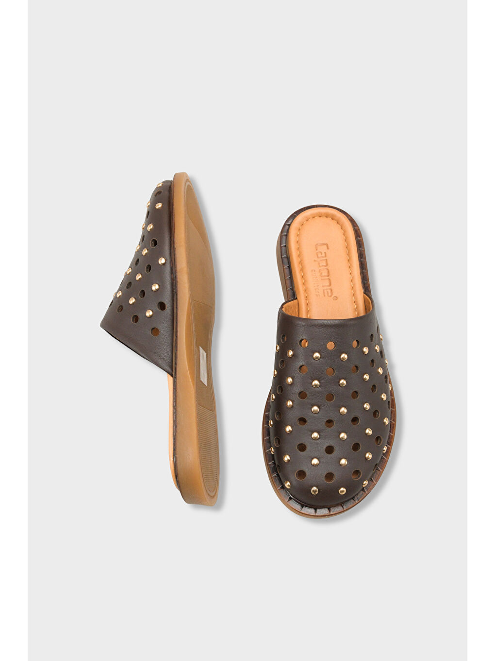 Kahverengi Lidia Hakiki Deri Düz Topuklu Zımbalı Kadın Sabo Terlik-4