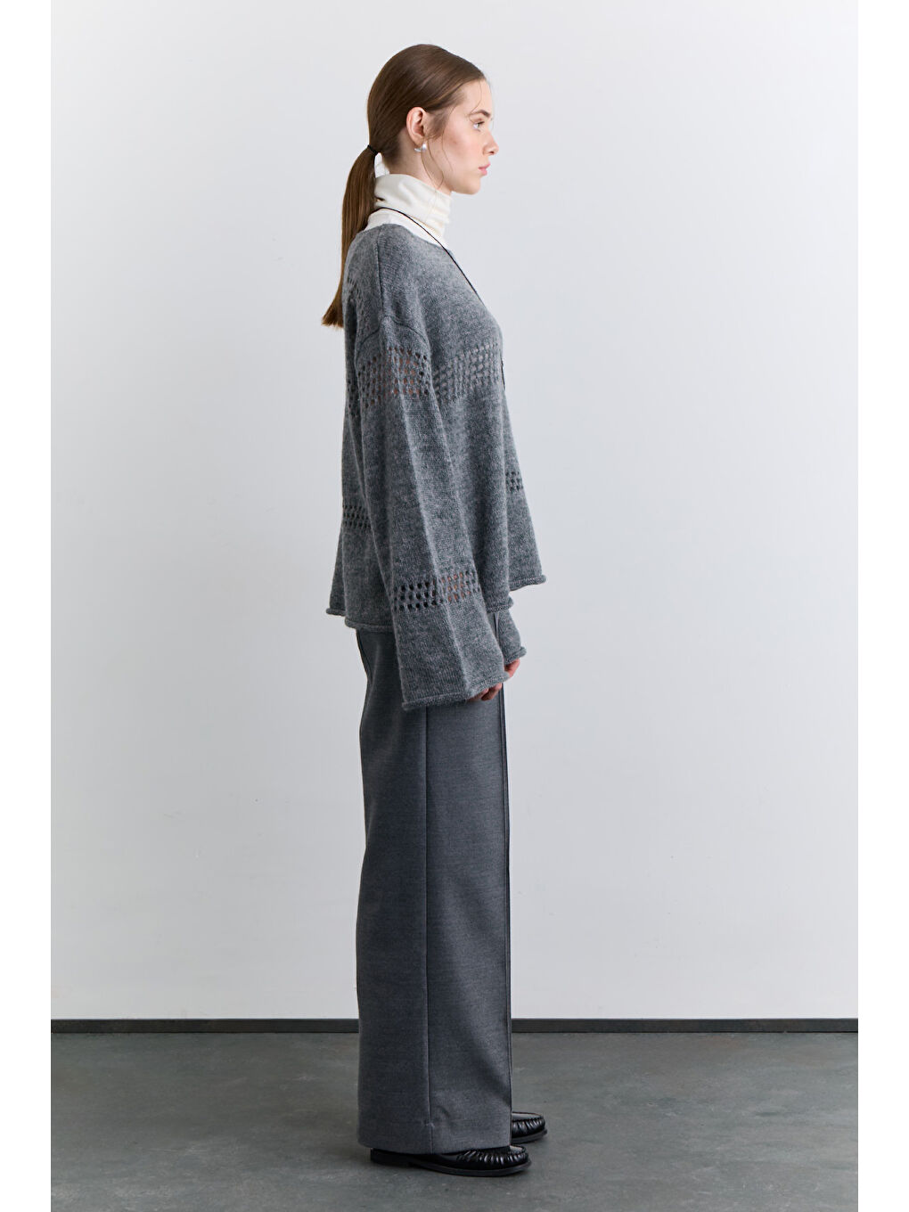 Ajur Örgü Triko Kazak Gri-3