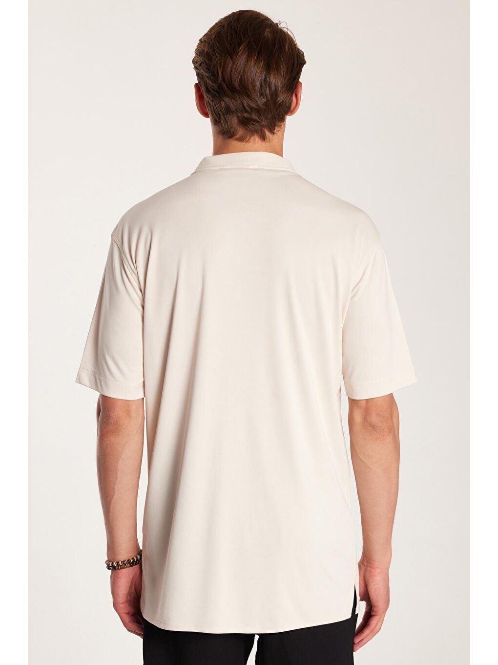 Bej Erkek Relax Fit Modal Kumaş Örme Premium Seri Kısa Kol Apaş Yaka Taş Gömlek-4