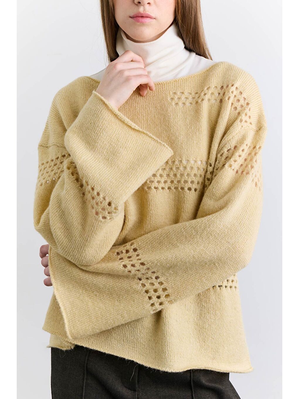 Ajur Örgü Triko Kazak Sarı-1