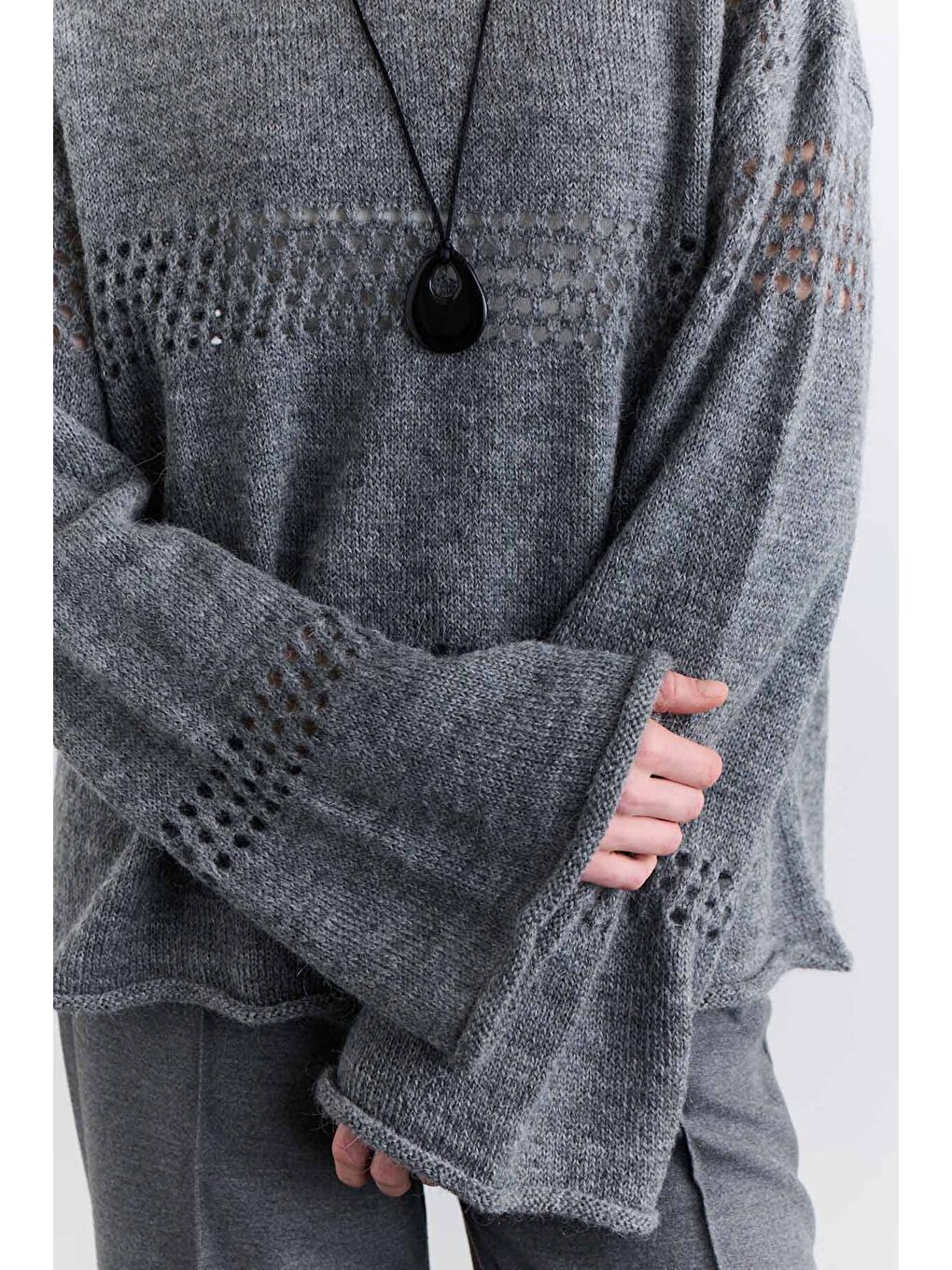 Ajur Örgü Triko Kazak Gri-4