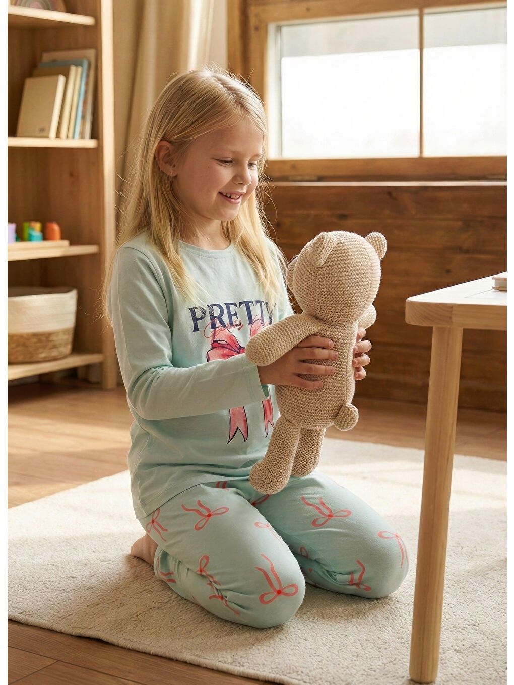 Yeşil Kız Çocuk Uzun Kollu %100 Pamuk Pijama Takımı Pretty Bow-1