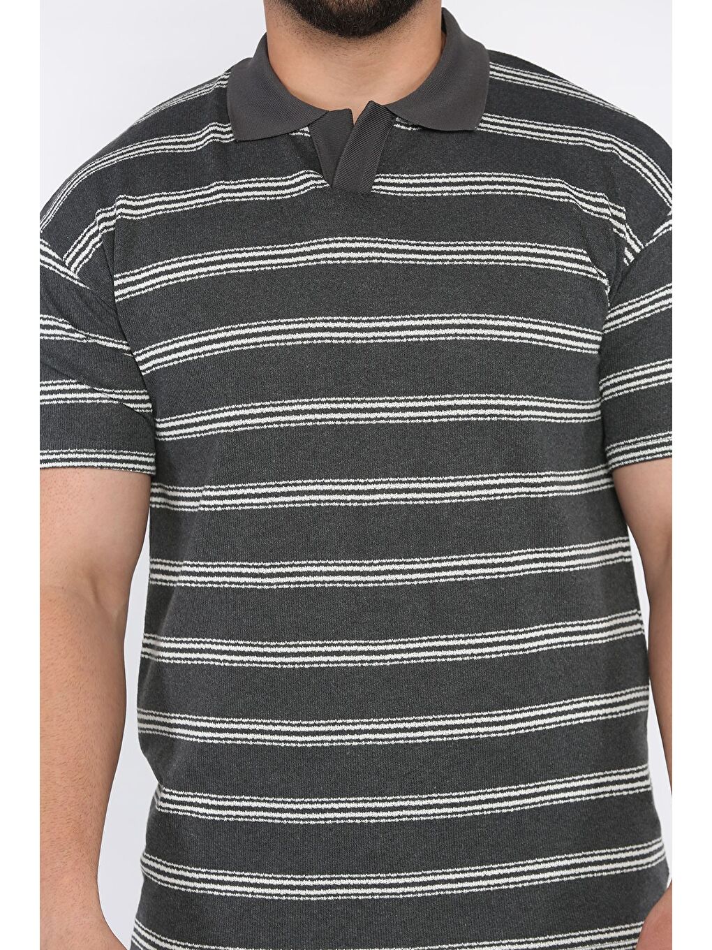Antrasit Polo Yaka Çizgili Erkek Tişört-3