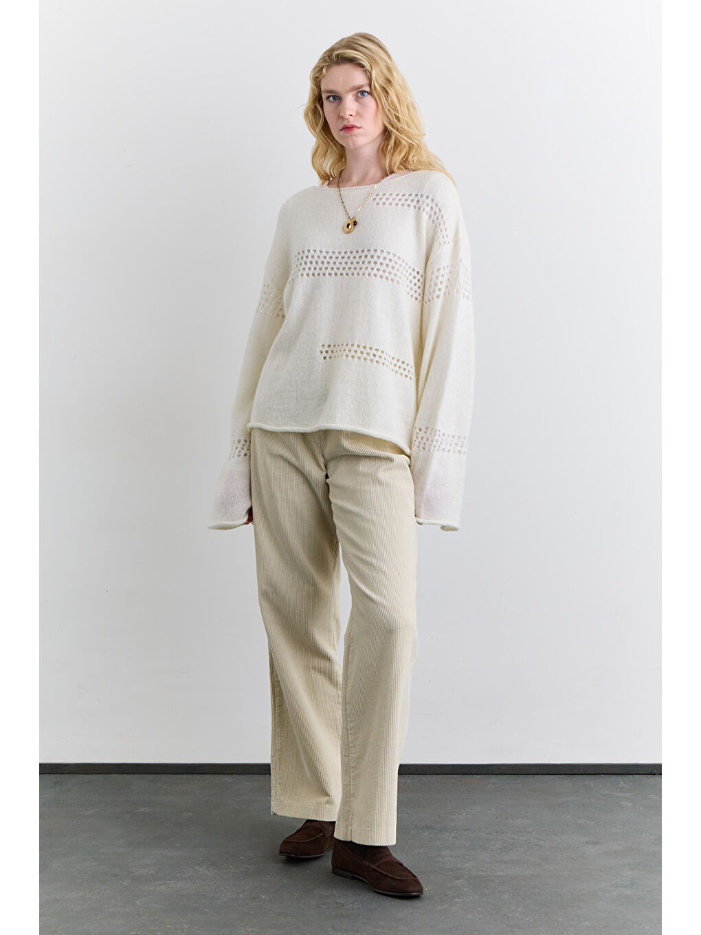 Ajur Örgü Triko Kazak Ekru-4