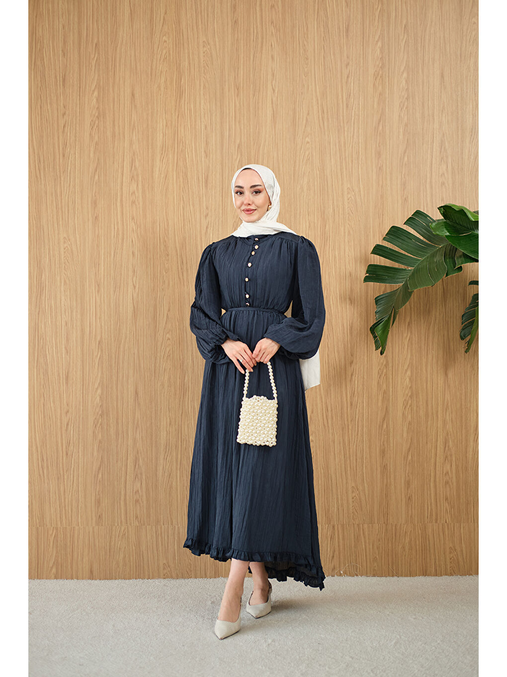 Kadın Asimetrik Fırfırlı Bel Bağlamalı Piliseli Elbise Lacivert-2