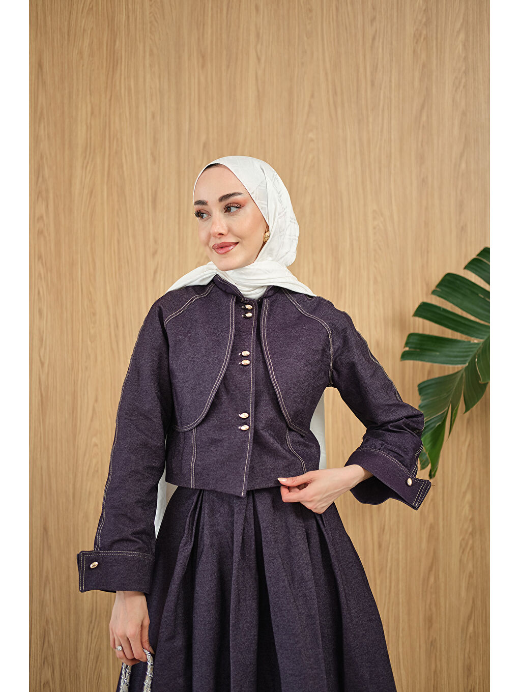 Kadın Pelerin Detay Gold Düğmeli Jean Takım Mürdüm-3