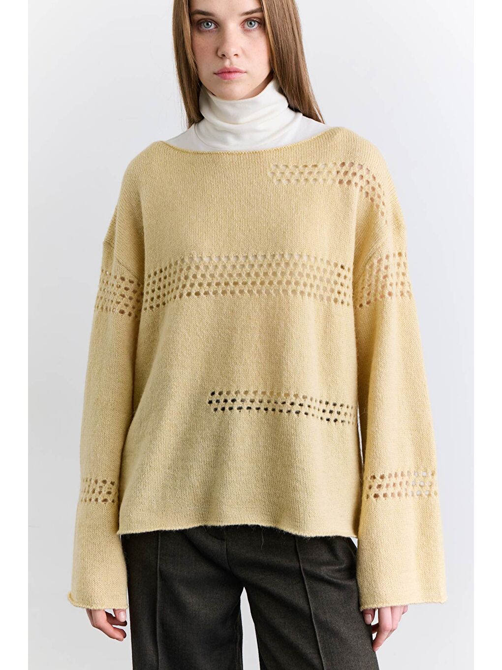 Ajur Örgü Triko Kazak Sarı-2