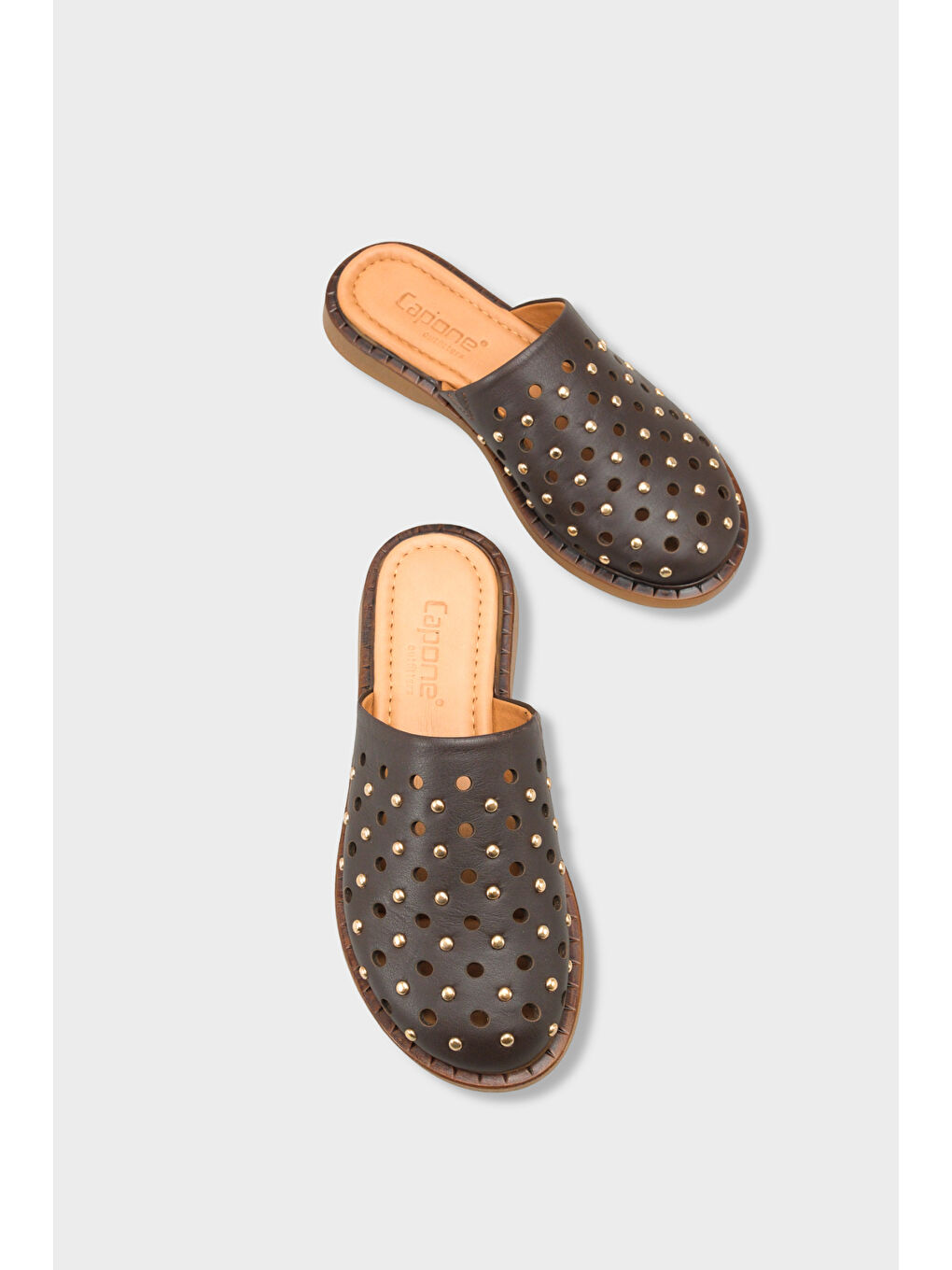 Kahverengi Lidia Hakiki Deri Düz Topuklu Zımbalı Kadın Sabo Terlik-5