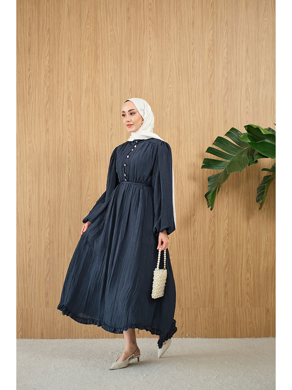 Kadın Asimetrik Fırfırlı Bel Bağlamalı Piliseli Elbise Lacivert-4