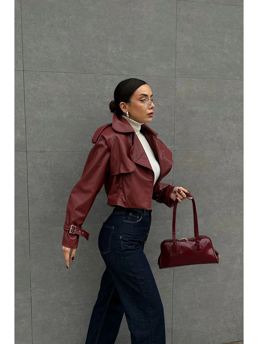 Kadın Bordo Crop Deri Ceket 0990-5055-3