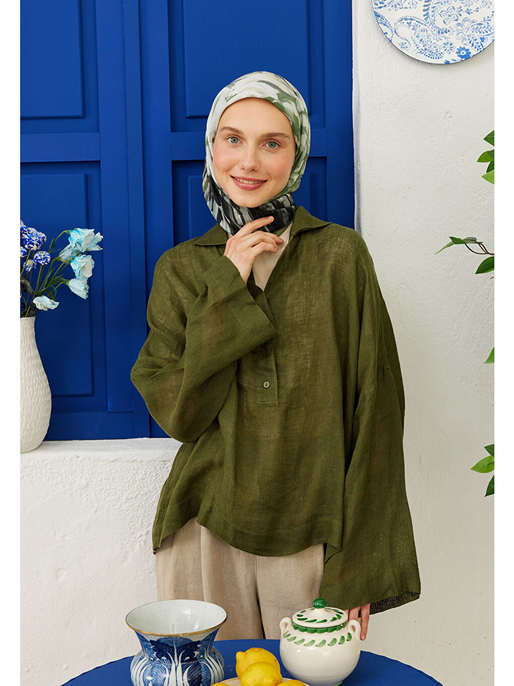 Yeşil Sprıng Flora Desen Pamuk Vual Eşarp Çağla