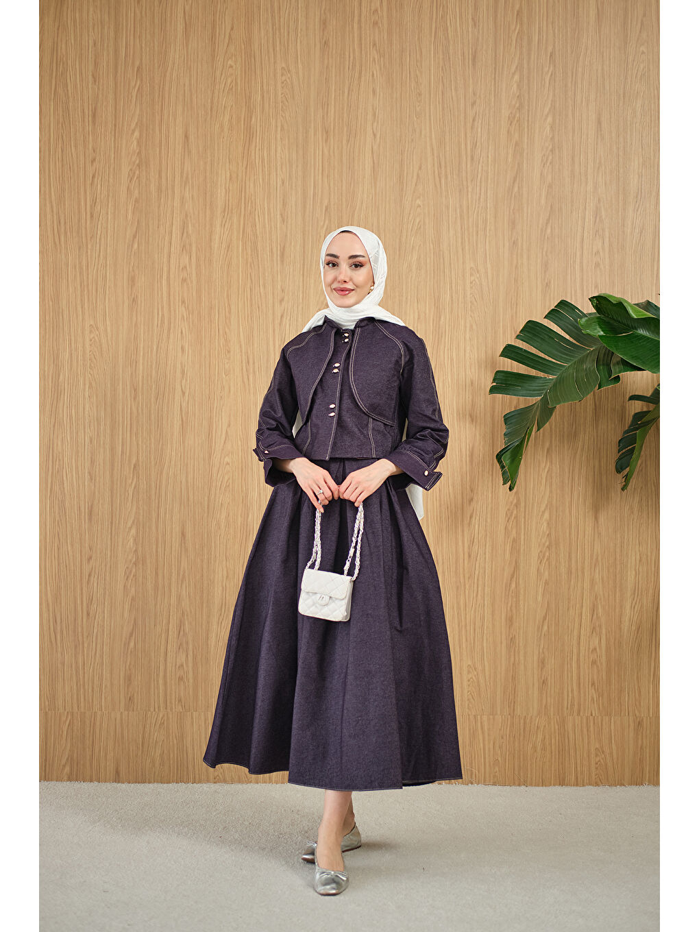 Kadın Pelerin Detay Gold Düğmeli Jean Takım Mürdüm-4