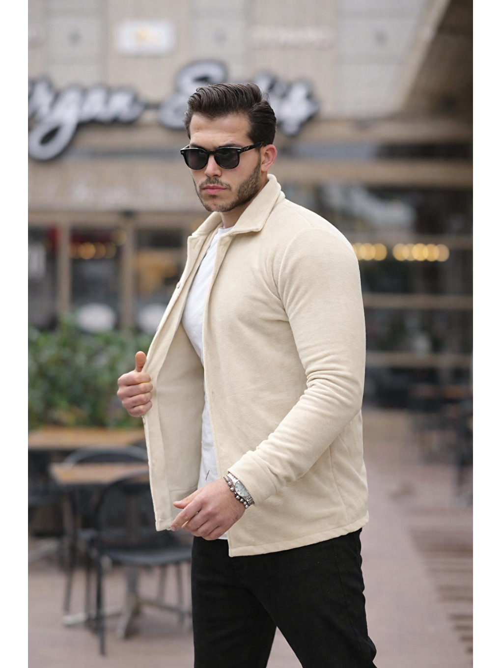 Erkek Basic Uzun Kol Dar Pamuklu Ekru Polar Gömlek-1