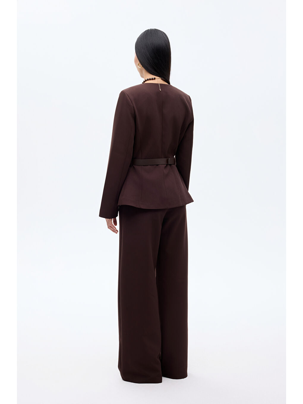 Kahverengi Kemer Aksesuarlı Yuvarlak Yaka Ceket Koyu Kahve-4