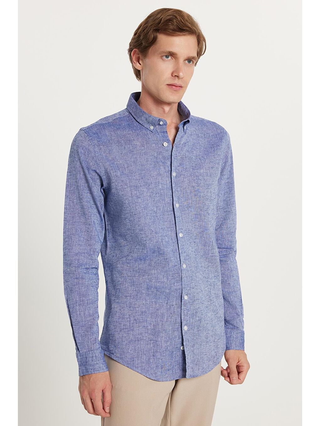 Erkek Slim Fit Dar Kesim Uzun Kollu Keten Premium Seri Düğmeli Yaka Spor Lacivert Gömlek
